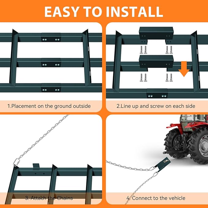 8FT Drag Harrow Driveway Grader, Driveway Drag with 6 FT Chain, Heavy Duty Power Rake for Gravel, Sand, Lawn, Soil, Hay, ATV, UTV, Mower, Tractor