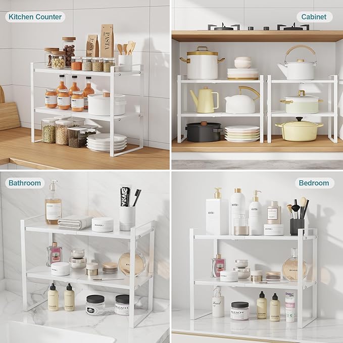 2 Tier Cabinet Shelf Expandable Cupboard Under Sink Countertop Organizer Riser Rack for Kitchen Pantry Home Organization Extra Storage Space Saver Heavy Duty