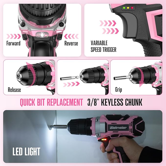 Bielmeier 20V 236Pcs Cordless Pink Drill Set for Women, Lady’s Essential Home Tool Kit with Pink Bag, Perfect DIY Electric Screwdriver Set for Home Repair & Gifts