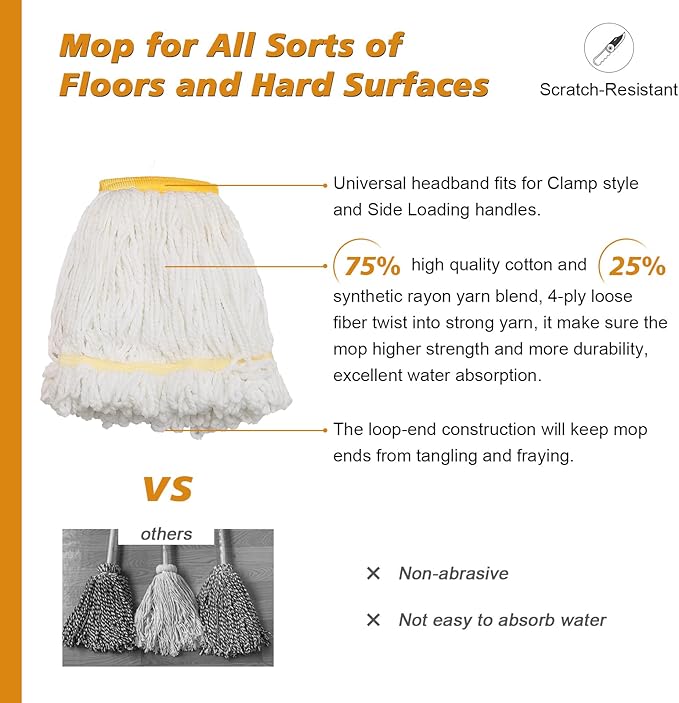 Commercial Mop Heavy Duty Industrial Cotton Mop, 61 inch Metal Commercial Stick for Home, Garage,Office, Workshop, Warehouse Floor Cleaning, 2 Pack