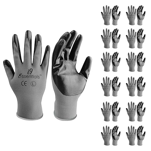 I9 Essentials 12 Pairs Nitrile Coated Work Gloves – Lightweight Grip Safety Gloves for Construction, Gardening, Warehouse, Carpentry & General Work (Large, Black/Gray)