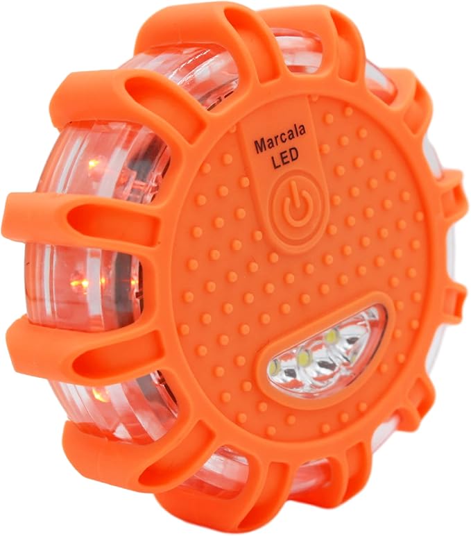 Marcala LED Road Flare 1-Pack | DOT Compliant LED Road Flares Car Emergency Kit | Emergency Flares Kit w/Batteries Installed | Roadside Safety Disc w/ 9 Flashing Modes | Get Noticed from a Mile Away