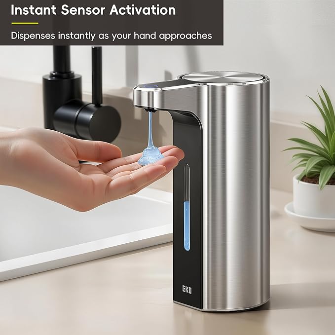 EKO Aroma Pro 13.5 fl oz Touchless Automatic Liquid Soap Dispenser, Rechargeable Hand & Dish Soap Dispenser for Bathroom and Kitchen Sink, Waterproof, Adjustable Volume Control (Stainless Steel)