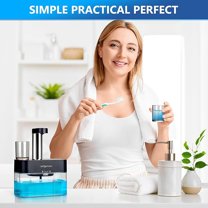 Upgraded Automatic Mouthwash Dispenser for Bathroom,Bathroom Accessories 17.6 FlOz Wall Mounted Dispensers with Magnetic Cups,Adjustable Dispensing Levels, Suitable for All Age Groups,Black