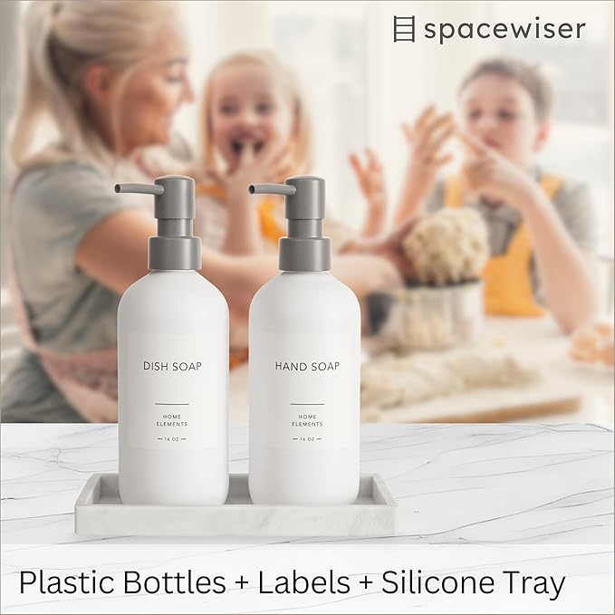 Plastic Soap Dispenser Set - PET Plastic Dish Soap Dispenser for Kitchen, Hand Soap Lotion Bottles with Pump Dispenser for Bathroom, Includes 8 Waterproof Labels and Silicone Tray, 16 oz