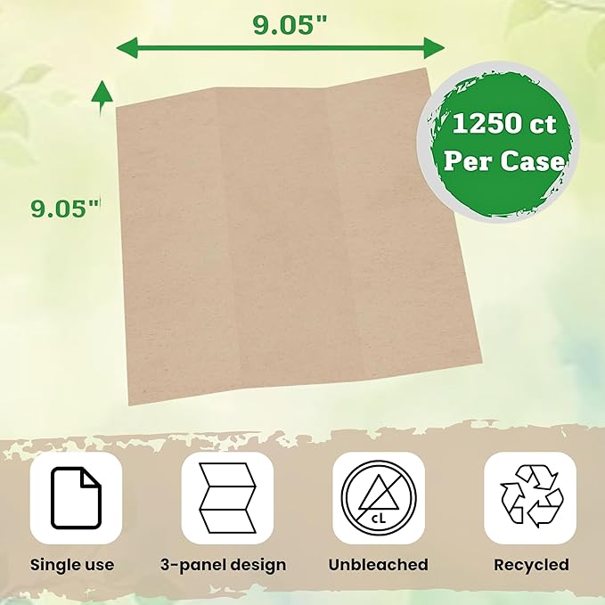 1250ct Brown Organic Unbleached Z-Fold Paper Towels | 100% Post-Consumer Waste, Sustainable Multifold Towels Bulk | Commercial Tri-Fold Recycled Paper Towels for Office, Bathroom, Kitchen Use