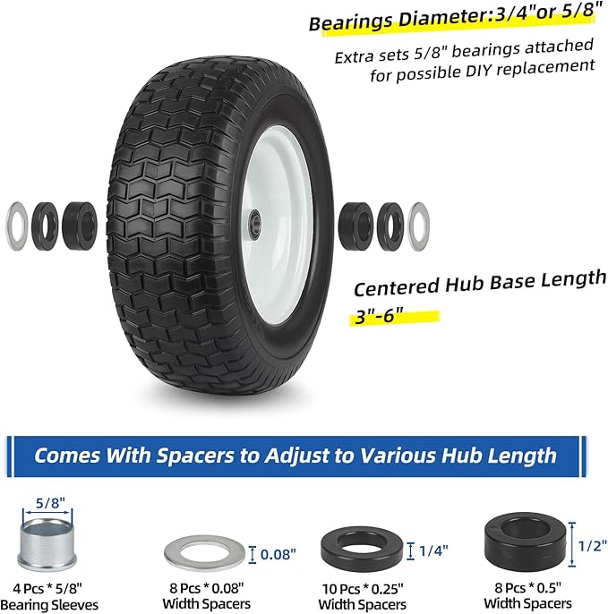 16x6.50-8 Flat Free Riding Lawn Mower Tire and Wheel, 2 Pcs 16x6.5-8nhs Garden Tractor Lawnmower Tyre, with 3/4" & 5/8" Bearing, 3" -4.5" -6" Centered Hub