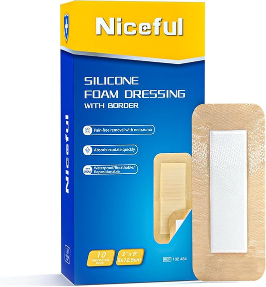 10 Pcs Silicone Foam Dressing 2" x 5" - Ultra Soft Waterproof Silicone Bandages with Adhesive Border, Highly Absorbent Foam Dressing for Bed Sores, Leg Ulcers