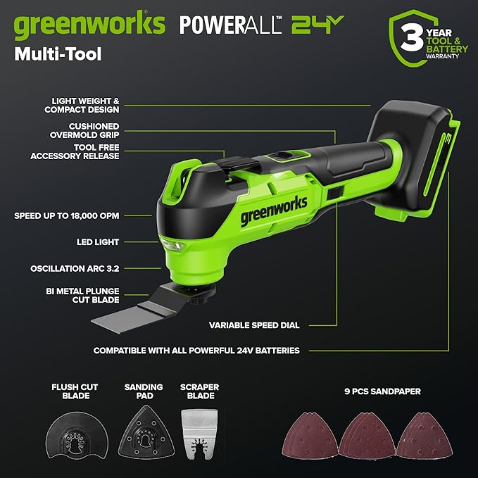 Greenworks 24V Cordless Brushless 5PCs Combo, Drill/Driver +Impact Driver +6.5" Circular Saw +Oscillating Tool +200LM Flashlight, 2.0Ah + 4.0Ah Batteries (24,000mAh Power Bank) and 65W USB-C Charger
