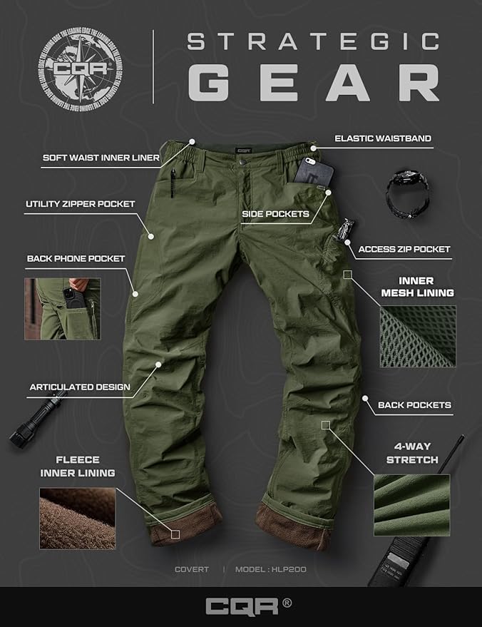 CQR Men's Winter Fleece Lined Pants, Water-Resistant Outdoor Stretch Work Pants, Windproof Casual Pants with Pockets