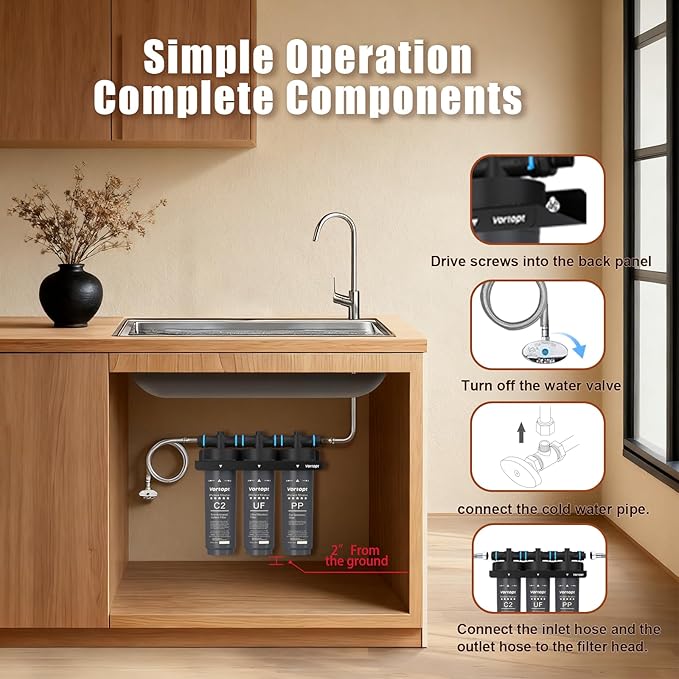 Under Sink Water Filter System,NSF Certificated,3-Stage Filtration,Water Purifier for Kitchen,Reduces PFAS,PFOA/PFOS,Fluoride,Chlorine,Bad Taste & Odo,Drinking Water Filter, Black,F02 3 Filters.