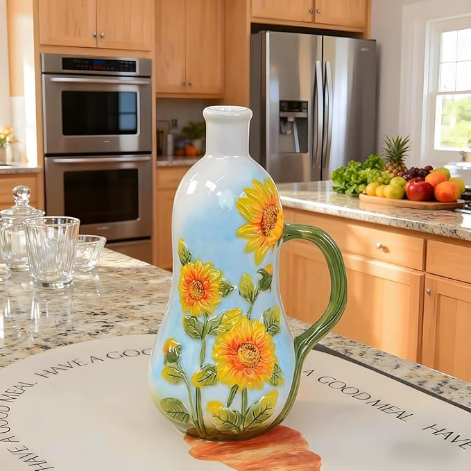 18 oz Hand-Painted Relief Ceramic Olive Oil Bottle Dispenser, with Handle Decorative Olive Oil Dispenser Bottle, for Kitchen Ceramic Oil Vinegar Bottle Seasoning Bottle with Stainless Steel Pour Spout