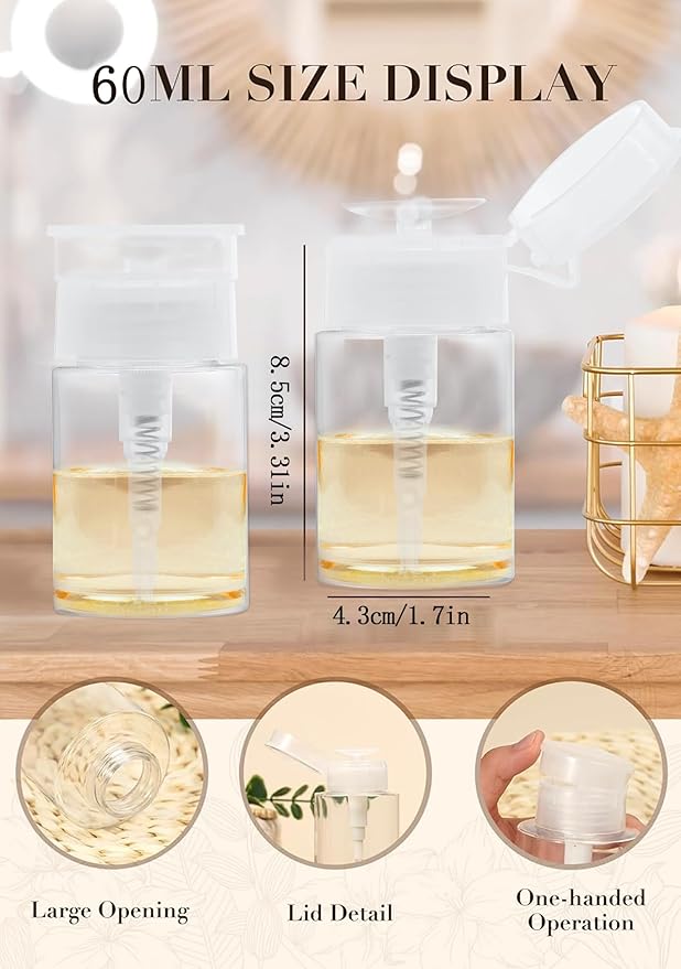 3 Pack Push Down Pump Dispenser, Empty Pump Bottle Dispenser with DlY Lables for Nail Polish, Makeup Remover, Alcohol, Facial Toner 2.03oz/60ML