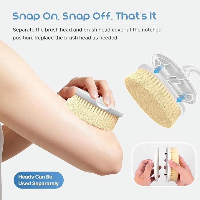 3-in-1 Flexible Up-Down Back Scrubber for Shower for Men & Women, 3 Detachable Back Brush Heads (Silicone/Sponge/Bristle), Ergonomic Long Handle Body Scrubber for Body Cleaning & Exfoliation