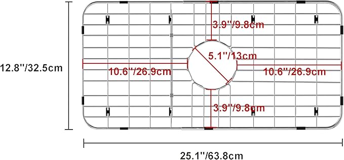 Sink Protector Sink Grates Stainless Steel Bottom Grid 25" X 12.8", Centered Drain with Corner Radius, Metal Sink Grate Protector