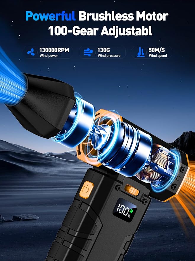 Compressed Air Duster 130000RPM Electric Duster with LED Light, 100 Gear Adjustable Rechargeable Cordless Air Blower Cleaning Tool for Keyboard,Electronic Devices,Car, Christmas Gifts for Men (Orange)