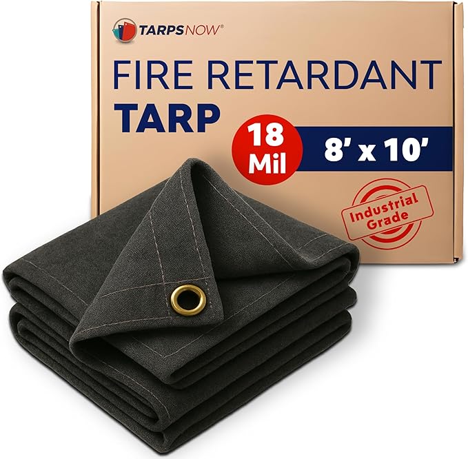 TarpsNow® Fire Retardant Tarp - 8' x 10' - 18 MIL Heavy Duty Canvas Tarp - Flame & Tear Resistant w/Brass Grommets - Best for Safety, Outdoors, Camping, Boating, Welding, Woodpile, House, Fire Pit