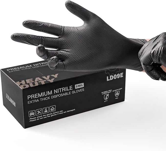 LANON 8 Mil Heavy Duty Black Nitrile Gloves, Food Safe, Latex Free, Mechanic, Fully-Diamond Textured Grip Industrial Disposable Gloves, X-Large