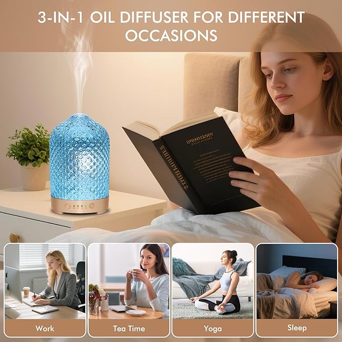 Glass Essential Oil Diffuser 200ml-Ultrasonic Aroma Diffuser with Glass Dome, Aromatherapy Diffuser with 4 Timers 7 Color LED Lights Waterless Auto Off for Home Office Yoga Gift