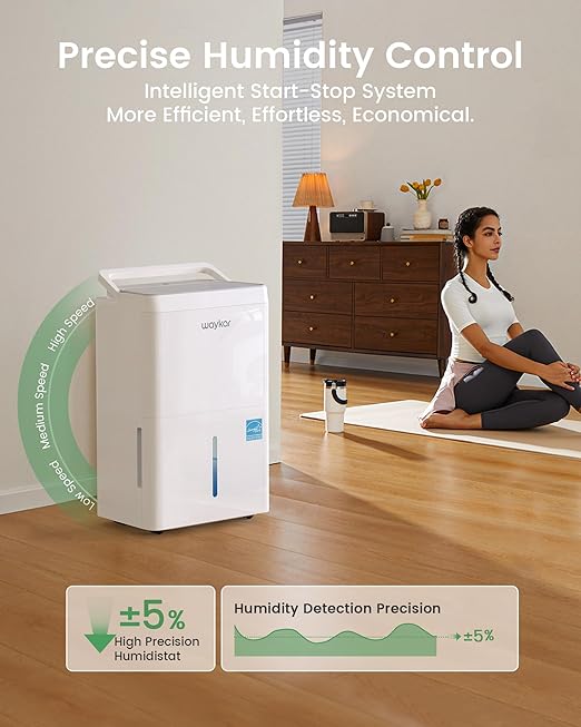 Waykar 120 Pint 2025 Energy Star Dehumidifier for Home, Basement, Large Rooms up to 6,000 Sq. Ft. - Auto Defrost, Ultra Quiet(40 dB), Auto Comfort Mode, with Drain Hose & Water Tank