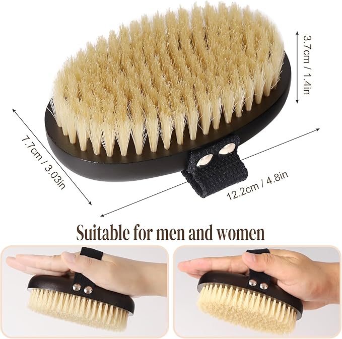 Dry Brushing Body Brush for Lymphatic Drainage, Azymi Shower Bath Brush 100% Natural Thick Bristles Exfoliate Dead Skin, Detoxify, Improve Blood Circulation, Dry & Wet Brush Dual-Use 1-Pack Oval