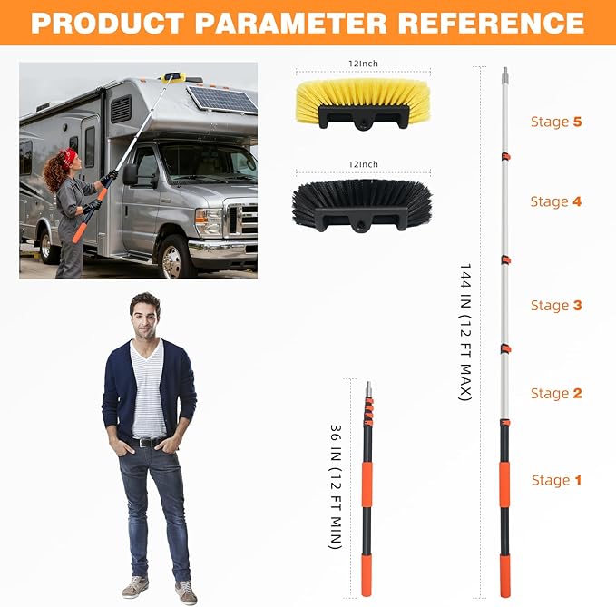 12FT Car Wash Brush with Long Handle Telescopic Pole Car Cleaning Tool with 12" Soft Bristle and Hard Bristle Wash Equipment Kit for Car Truck House Floor Glass Roof Solar Panels