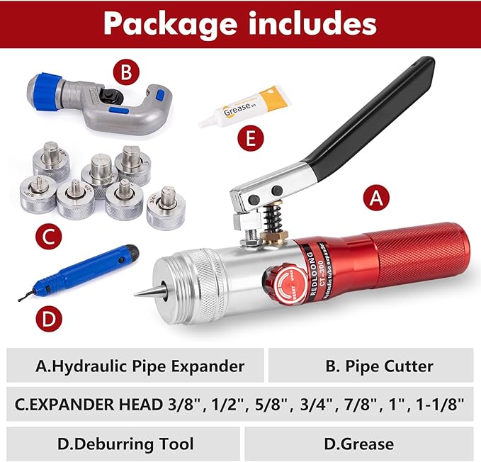 HVAC Swaging Tool Kit – Hydraulic Tube Expander for Copper Pipes, Compact Swage Tool with Tube Cutter, Deburring Tool & 7 Expander Heads (3/8”–1-1/8”) (Red)