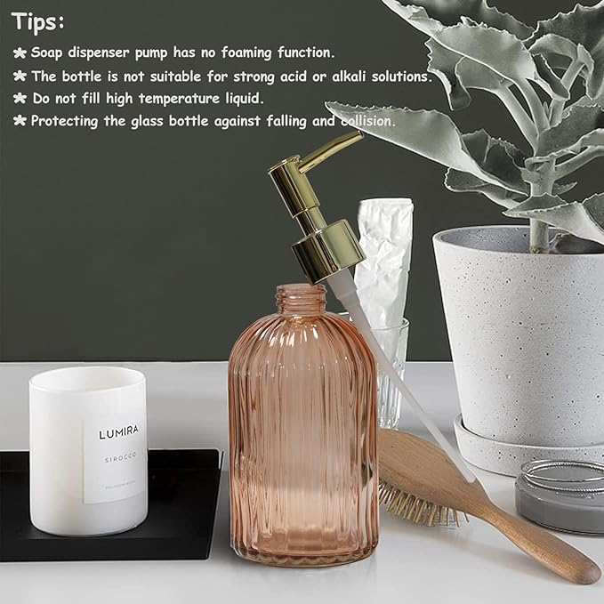 Glass Soap Dispenser with Gold Plastic Pump, 13.5oz Refillable Liquid Hand Soap Dispenser, Crystal Lotion Bottle for Modern Home Decor, Bathroom, Kitchen Countertop, Hotel(Orange)