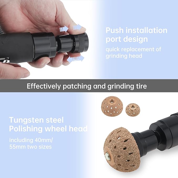 Air Tire Repair Polish Patch Tools, Include 2500rpm Low Speed Air Tire Buffer, Tire Inner Liner Scraper, Patch Roller, Tungsten Steel Buffing Wheel 42mm 55mm