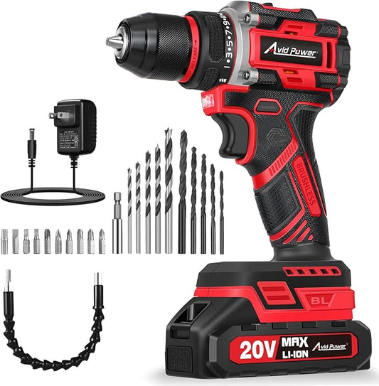 AVID POWER Brushless Power Drill Set, 20V Cordless Drill Driver Kit with 2.0Ah Battery and Charger, 3/8-Inch Metal Chuck, 355 In-lbs Torque, 2-Variable Speed, 26 Position and 22pcs Accessories