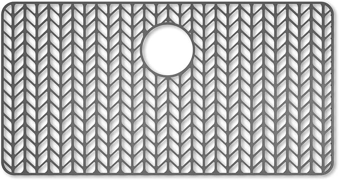 AWOKE Large Silicone Sink Protectors for Kitchen Sink, 30" x 16" Rear Drain Hole, Sink Mat for Bottom of Farmhouse Kitchen Stainless Steel Sinks, Raised Feet/Heat Resistant/Non-slip (Gray)