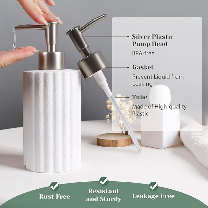 INGOFIN White Soap Dispenser, 10.5 oz Ceramic Lotion Dispenser - Refillable Hand Soap Dispenser Bathroom, Modern Liquid Dish Dispenser with Pump for Kitchen