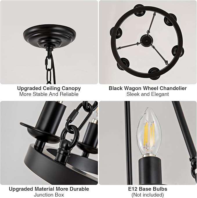 Wagon Wheel Chandelier, 6-Light Black Modern Rustic Farmhouse Chandelier Adjustable Height Pendant Kitchen Light for Ceiling Hanging Dining Room, Living Room, Entryways, Foyer
