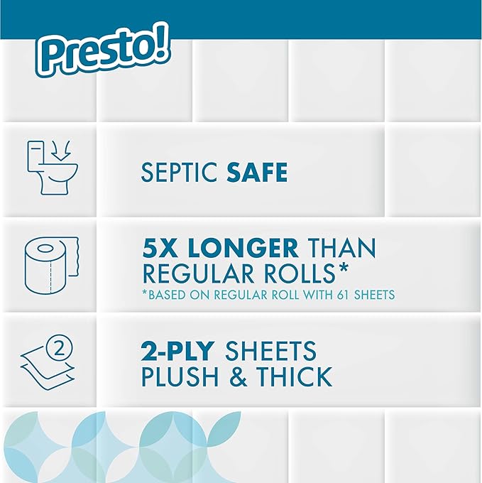Amazon Brand - Presto! 2-Ply Ultra-Soft Toilet Paper, 12 Family Mega Rolls = 60 regular rolls, 12 Count, Unscented