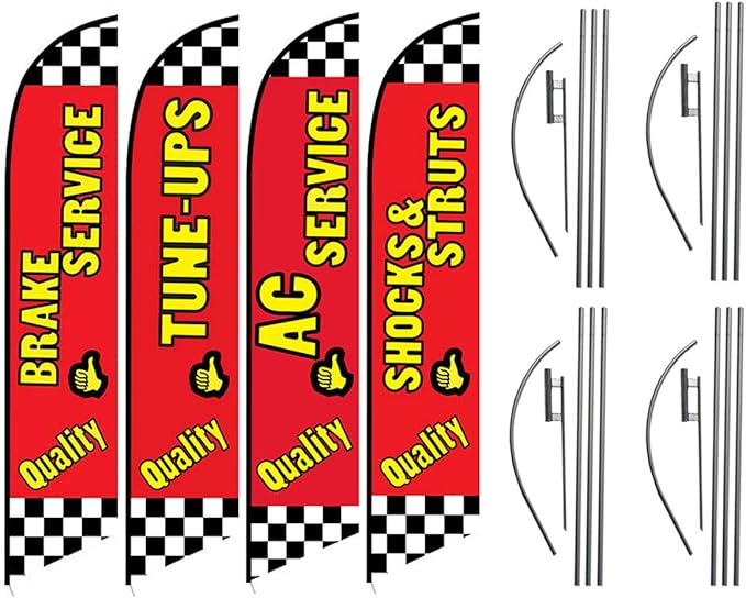 Auto Repair Shop Promotional Package of Four Feather Flag Kits Set, Comes with Four Telescopic Aluminum Pole Kits and Ground Stakes