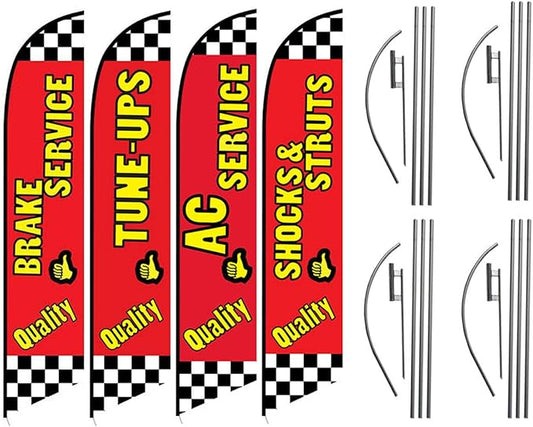 Auto Repair Shop Promotional Package of Four Feather Flag Kits Set, Comes with Four Telescopic Aluminum Pole Kits and Ground Stakes