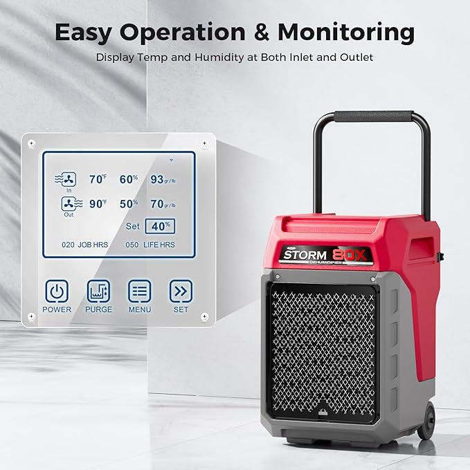 ALORAIR 170 PPD Commercial Dehumidifier with Pump, 2,100 Sq.Ft Space Cover Industrial Use Portable Dehu, with Wheels, Fit for Water Damage Restoration, Carpet Drying, Basement, Garage, Storm 80X Red