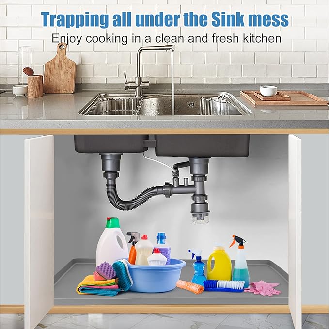 Under Sink Mat for Kitchen Waterproof, 37" x 19" Silicone Under Sink Liner Kitchen & Bathroom Cabinet Protector Mats, Heavy Duty Flexible Under Sink Drip Tray with Lip, Cool Grey