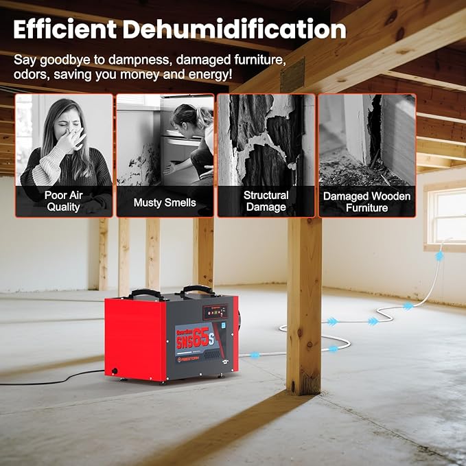 Abestorm Crawl Space Dehumidifier with Pump and Hose, 120 PPD Energy Star Commercial Dehumidifier Up to 1,300 sq. ft. for Basement, Water Damage Restoration, Auto Defrost(Guradian SNS65S)