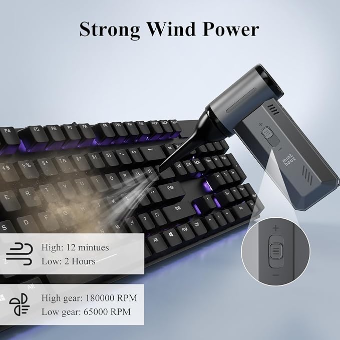 Minthouz Compressed Air Duster-180000RPM Electric Air Duster, Adjustable Wind Speed, Rechargeable Mini Air Blower for Computer, Keyboard, Outdoor, Car Cleaning, Reusable Replaces Compressed Air Can