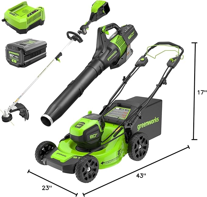 Greenworks 80V 21” Brushless (Self-Propelled) Cordless Electric Lawn Mower + (580 CFM) Axial Leaf Blower + 16” (Attachment Capable) String Trimmer, 4.0Ah Battery and 60 Minute Rapid Charger