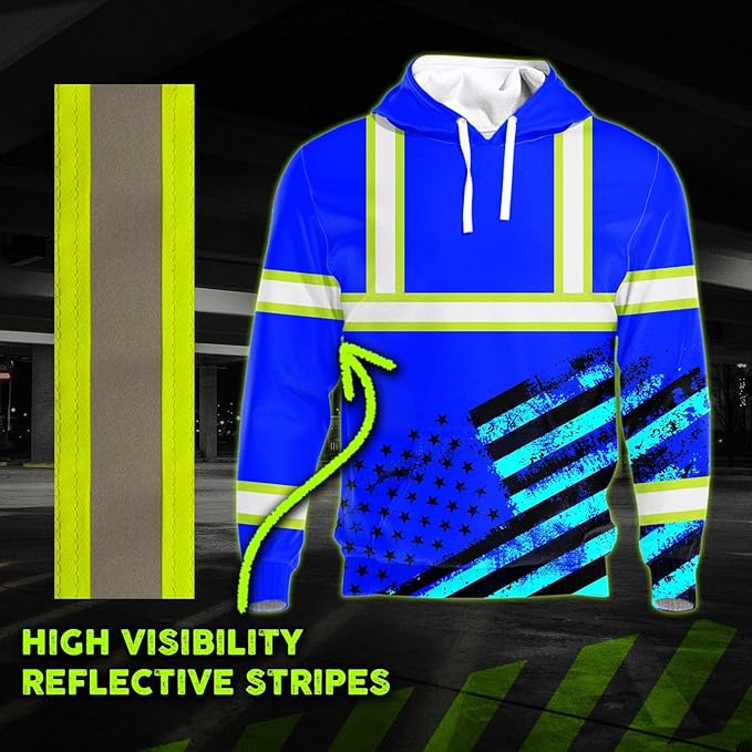 Color US Flag High Visibility Hoodie for Men Women Reflective Tapes Safety Workwear for Worker Runner Patriotic
