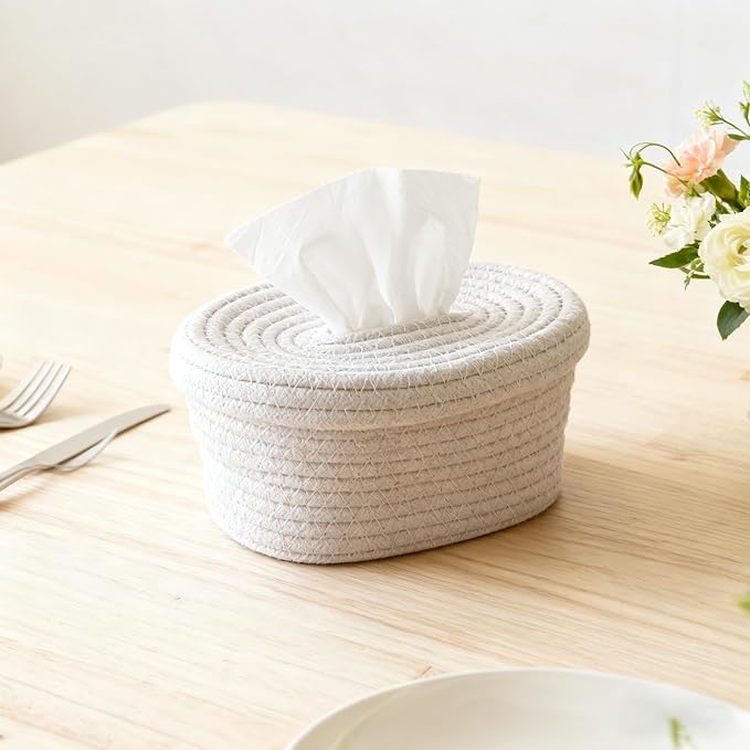 2 Pack Modern White Woven Tissue Box Cover - Decorative Tissue Holder for Bathroom Countertop, Living Room Table, Office Desk, Bedroom Dresser and Night Stand