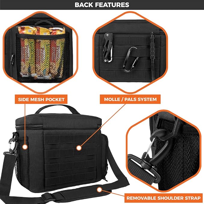 opux Tactical Lunch Box for Men, Black Mens Insulated Lunch Bag for Adult, Leakproof Soft Lunch Cooler with MOLLE Mesh Side Pockets, Multicam Heavy Duty Lunchbox Pail for Work Women, Large, 18 Cans