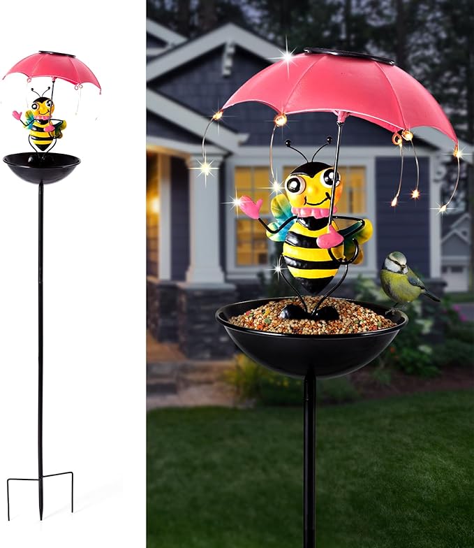 Bird Feeder Solar Garden Decor, Waterproof Bee Metal Wildbird Cardinals Hummingbirds Feeders with LED Lights, Gifts for Mom Grandma Bird Lovers Outdoor Path Yard Decoration