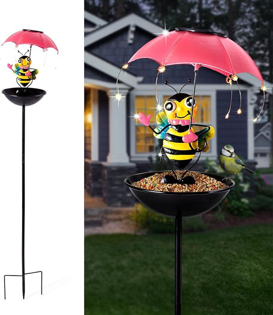 Bird Feeder Solar Garden Decor, Waterproof Bee Metal Wildbird Cardinals Hummingbirds Feeders with LED Lights, Gifts for Mom Grandma Bird Lovers Outdoor Path Yard Decoration