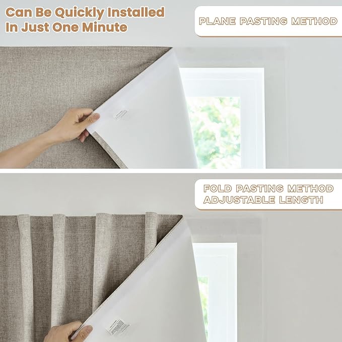 100% Blackout French Door Curtain,Adhesive, No Drilling Required,Small Curtains Designed for Installation On Doors (Light Coffee - W25 × L40 in)