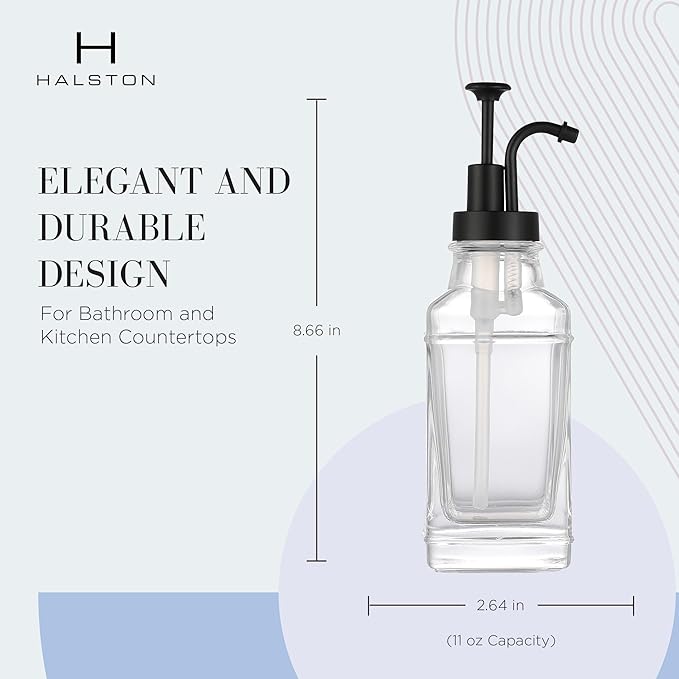 Clear Glass Soap Dispenser with Matte Black Dispenser Pump, Modern Refillable Pump for Bathroom, Kitchen, or Office, Elegant Accent Piece for Interior Decoration