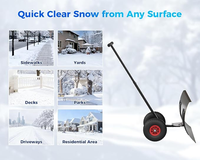 GarveeLife 29" Snow Shovel Pusher for Driveway, Heavy Duty Metal Wheeled Snow Plow with Adjustable Handle&Angled Blade,Ergonomic Single Rod Snow Removal Tool for Doorway/Sidewalk(Black