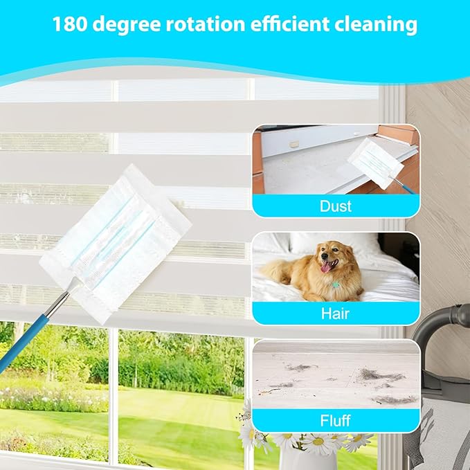 60 Count Disposable Dusters Refill for Cleaning, 180 Degree Heavy Duty Duster Replacement Head for Swiffer, Dusting Furniture, Blinds, Ceiling Fans, Helps Remove Allergens